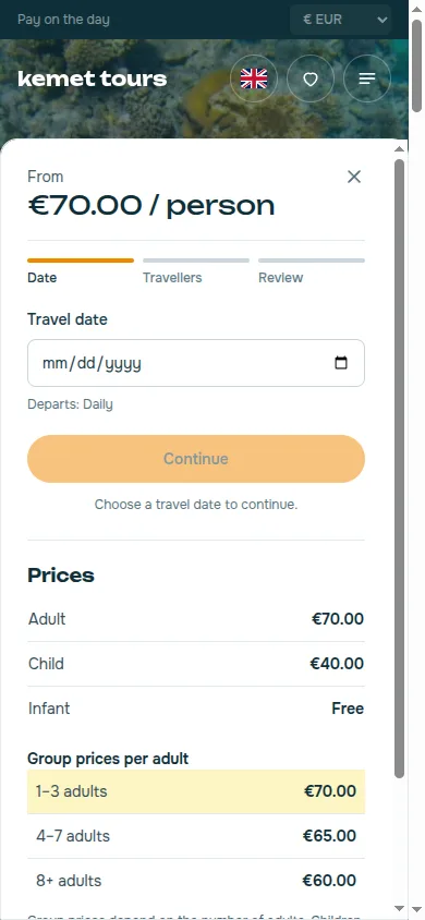 Kemet Tours booking form on a phone