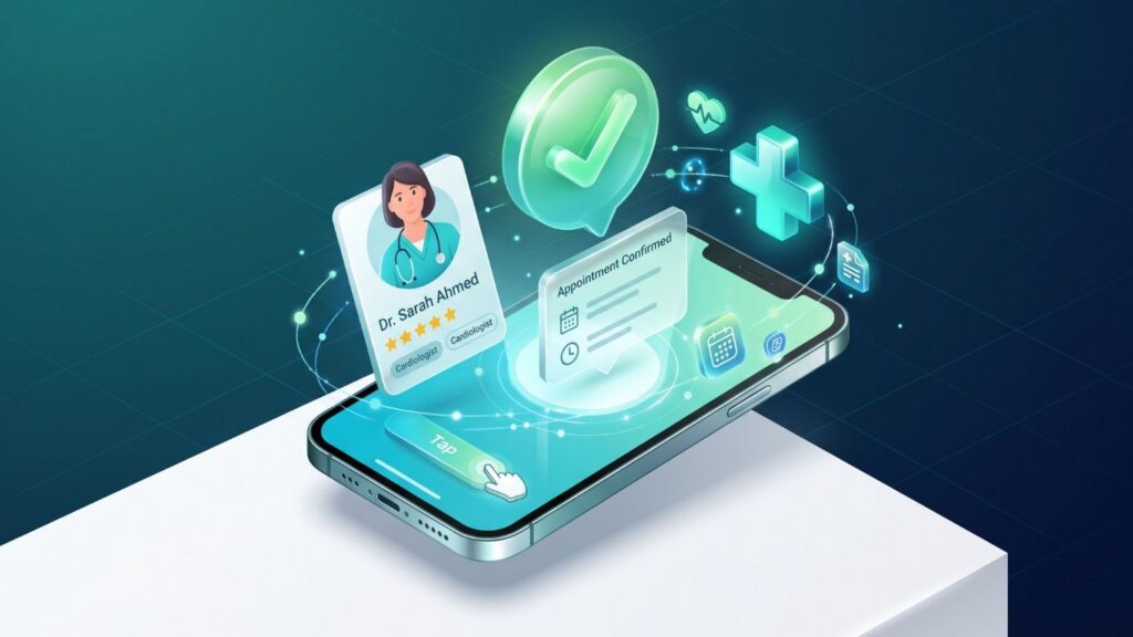 3D isometric illustration of a modern smartphone with floating healthcare app elements, including a doctor profile card, appointment confirmation checkmark, and medical cross, representing mobile booking and patient portal access from anywhere.