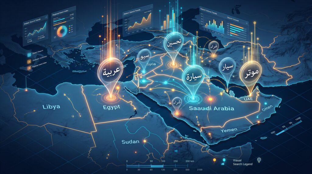 Arabic SEO keyword research comparing formal Arabic, Egyptian dialect, spelling variations and mixed Arabic-English search queries across Google and mobile devices