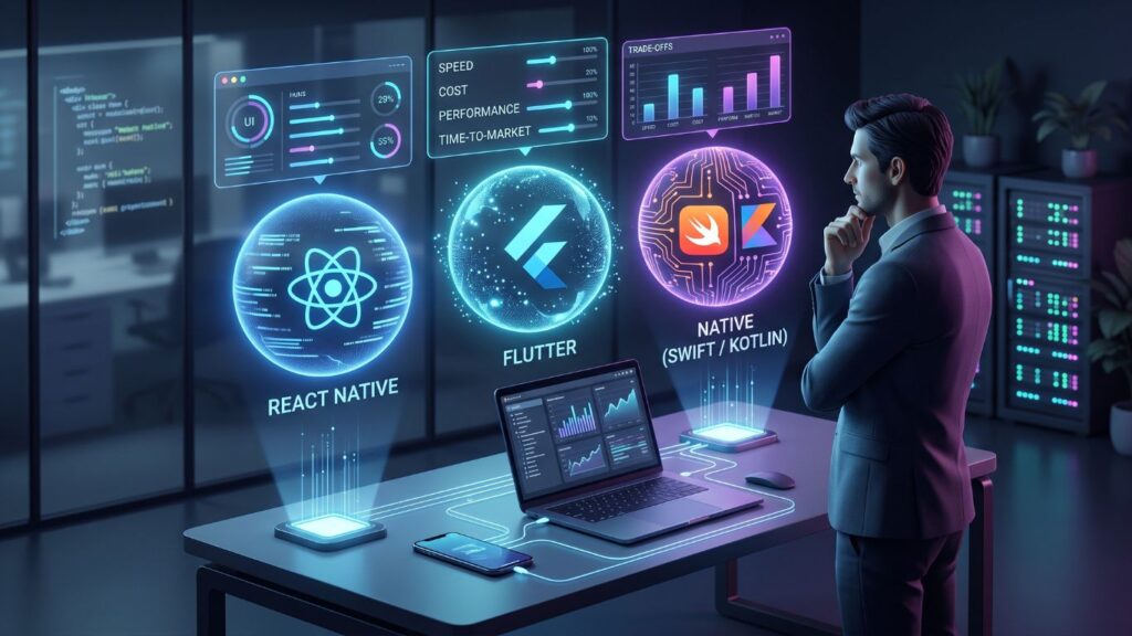 Mobile app architecture showing backend business logic, versioned APIs, forced updates, feature flags and performance monitoring