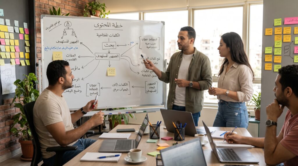 SEO strategist and Arabic copywriter in a Cairo agency planning culturally relevant Arabic content using keyword research, search intent and an RTL content map