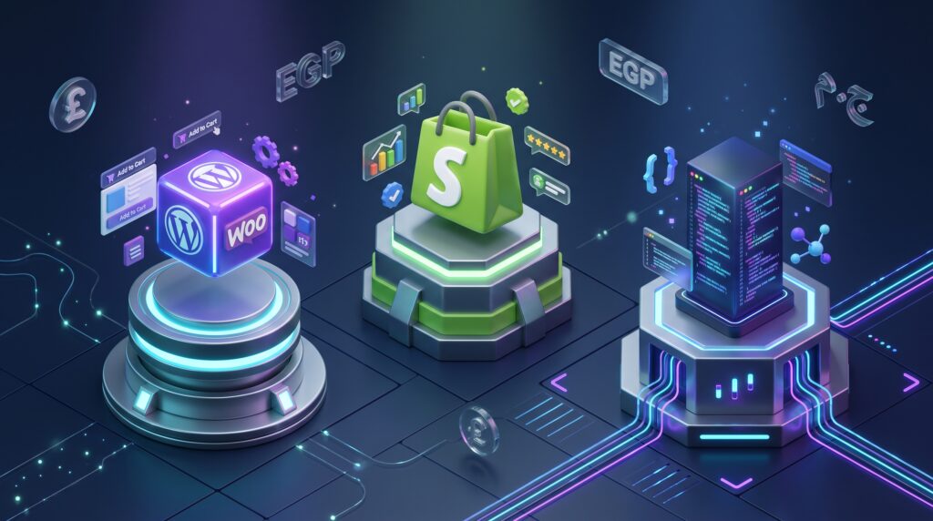 مقارنة WooCommerce وShopify والمتجر المخصص لاختيار منصة التجارة الإلكترونية الأنسب للتاجر المصري